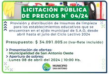 Photo of Llamado a Licitación Pública N°004/2024 para la provisión y distribución de insumos de limpieza en establecimientos educativos